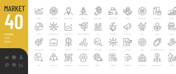 Market Editable Icons set. Vector illustration in modern thin line style of business related icons: company, budget, sales, and more. Isolated on transparent background.