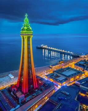 Hi Quality Aerial Image of Blackpool Tower illuminated along the Promenade and Sea front, Lancashire, United Kingdom. 20th July 2025
