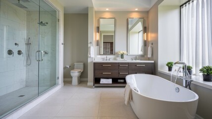 Bright bathroom interior featuring spacious counters, sleek sink, large mirror, and minimalistic design creating an airy atmosphere.