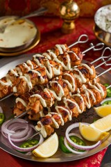 Close-up of delicious malai tikka kebab, tender chicken pieces marinated in creamy spices, perfectly grilled.