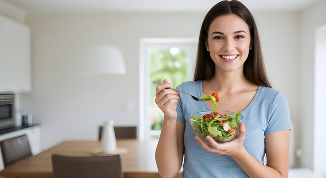 Happy Lady Holding Kitchen cosas sobre el fondo del espacio de copia