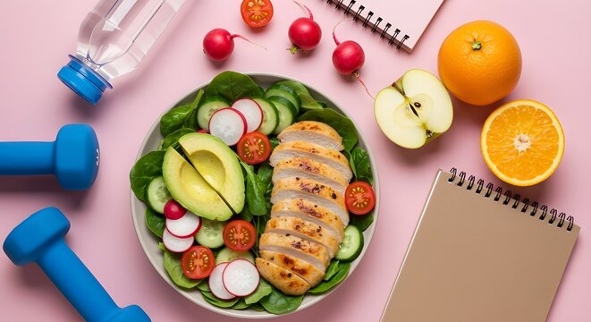 Foto de aptitud y concepto activo de estilos de vida saludables. Un plato de ensalada de pechuga de pollo