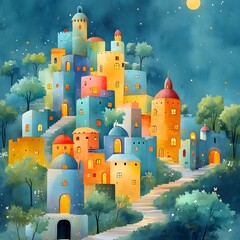 A whimsical watercolor illustration of a charming, colorful hill town at night, with glowing windows, winding paths, and a luminous moon.