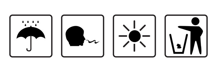 Set of Public Instruction Icons: Rain, Odor Warning, Sunny Weather, and Trash Disposal