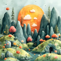 A whimsical watercolor illustration of a fantastical landscape with a large orange moon, towering mountains, vibrant flora, and a flowing stream.