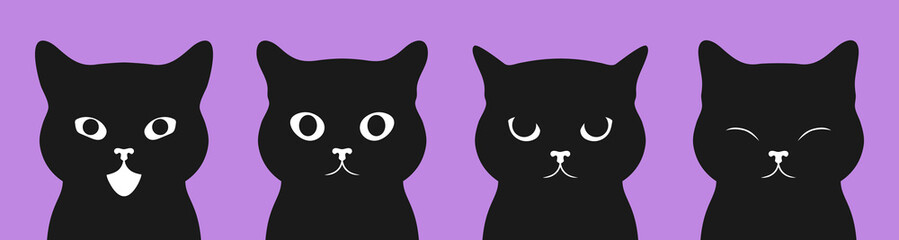 Black cat portraits set. Set of black cat faces with different emotions. Vector illustration