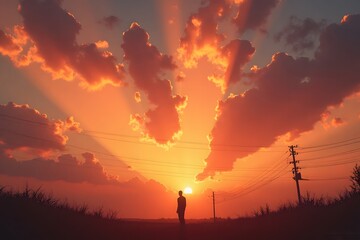A captivating view of a dramatic sunset with radiant beams of light piercing through scattered clouds. Silhouetted power poles and electrical wires line the scene, adding depth and contrast to the vib