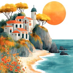 A whimsical watercolor illustration of a sunny Mediterranean seaside village on a cliffside, with white houses, orange rooftops, and a large golden sun.