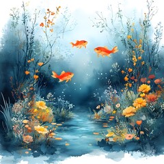 A whimsical watercolor illustration of an underwater scene with vibrant orange goldfish swimming in clear blue water surrounded by lush aquatic plants and flowers.