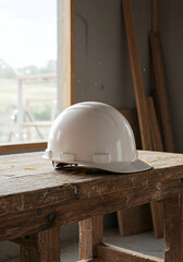 A white safety helmet rests on a rustic wooden workbench in a construction site. A construction worker in a professional setting, indoors.