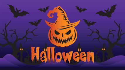 halloween vector wall background illustration with dark purple night shades and haunted house design