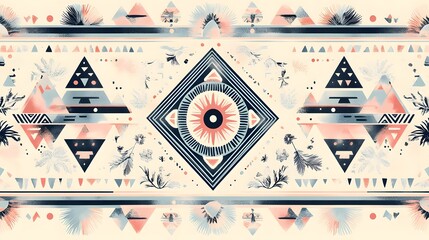 A delicate pattern merging geometric tribal elements with subtle botanical motifs in soft pastel tones of pink, blue, and cream.