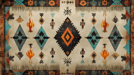 A rustic, culturally inspired pattern featuring geometric shapes, diamond motifs, and stylized flame designs in earthy tones with pops of teal and orange.