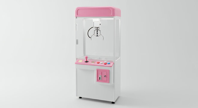 Pink claw machine on white background, evoking arcade and game concepts.
