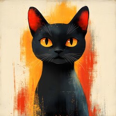 A stylized black cat illustration with striking orange eyes and ears, set against a textured, abstract background of orange and cream.