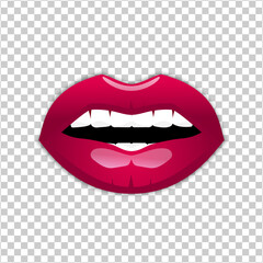 Woman pink lips and teeth. Slightly open female mouth with glossy pink lipstick. Vector illustration