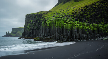 Iceland's Basalt Columns and Black Sand Beach Landscape, Dramatic Coastline
