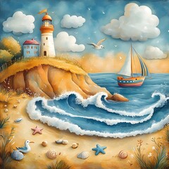 A charming watercolor-style seaside scene with a lighthouse on a cliff, a sailboat, crashing waves, and various seashells on a sandy beach.