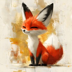 A charming Fennec fox illustration in a flat design style with watercolor textures, featuring a bright orange body, large ears, and a contented expression.