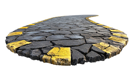 Circular road path constructed from cracked stone pavement with rugged texture isolated on white background