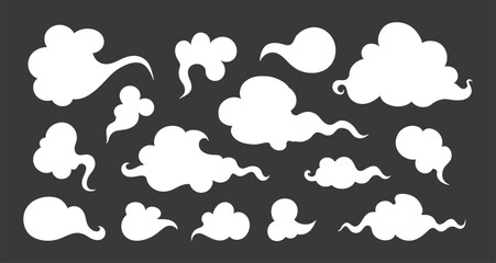 Set of cartoon white clouds of different shapes. Hand drawn blank doodle clouds. Vector illustration