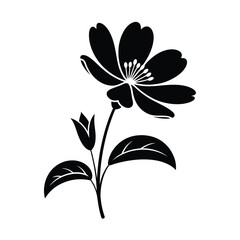 Elegant black silhouette of a blooming flower with leaves