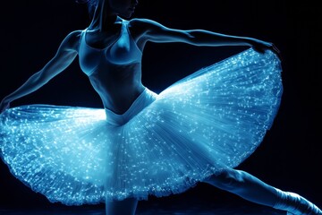 A ballet dancer strikes a mid-pose, her glowing tutu creating a striking contrast against a deep black background. The elegance of her form emphasizes the beauty of movement and light
