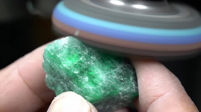Polishing process of a green gemstone with a rotating buffing wheel