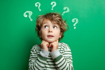 Boy Under Question Marks Looks Up in Curiosity or Confusion on Green Background