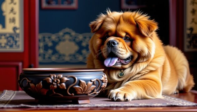 Adorable Chow Chow puppy resting with a decorative bowl on wooden surface indoors with colorful background and traditional styled decor - Powered by Adobe