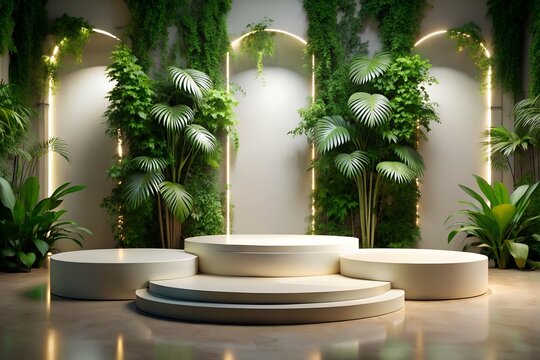 A multilevel display stage set against a vibrant backdrop of tropical plants