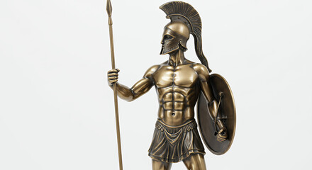 Fototapeta premium Bronze Spartan Warrior statue holding spear and shield, a symbol of ancient Greece and classic mythology.