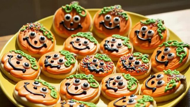  Homemade Halloween Cookies with Decorated Pumpkin and Alien Monster Faces. Festive Spooky Party Treats for Kids.