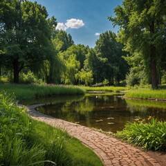 Fototapeta premium Serene nature landscape featuring a peaceful pond and walking path surrounded by lush trees on a sunny day