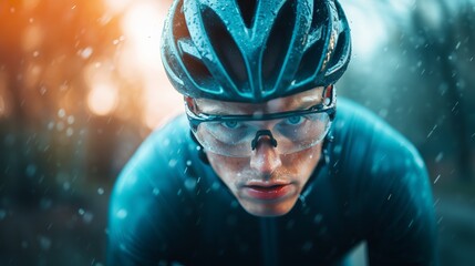 A young athlete in a bicycle helmet and glasses rides a bicycle in the rain. His face is focused and determined. Dynamic close-up in extreme weather conditions.