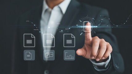 Business professional interacting with digital document icons on a futuristic interface