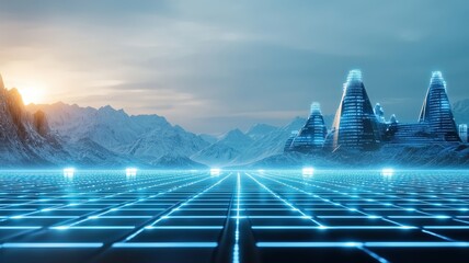 Futuristic digital landscape with glowing grid ground and pyramid-like structures against a mountainous backdrop under a serene sky.