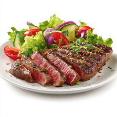 Perfectly medium-rare steak, sliced,garnished with rosemary, served alongside a vibrant fresh garden salad with lettuce, tomatoes, cucumbers, and red onion, presented on a clean white plate.