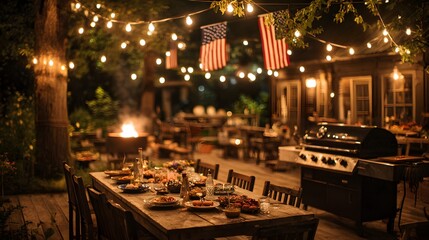 Outdoor dining area with string lights flags grill and long table set for meal.