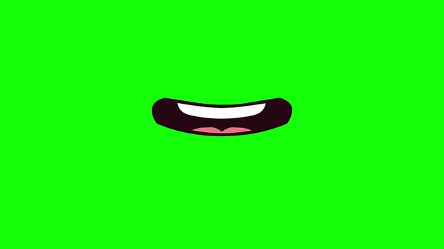 Animated talking mouth of a simple flat cartoon character isolated on green chromakey background. The lips move in sync to simulate speech, ideal for lip-syncing, dubbing, or overlay in commercial vid