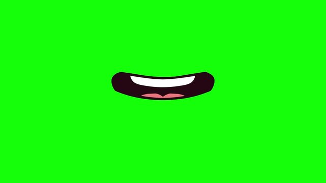 Animated talking mouth of a simple flat cartoon character isolated on green chromakey background. The lips move in sync to simulate speech, ideal for lip-syncing, dubbing, or overlay in commercial vid
