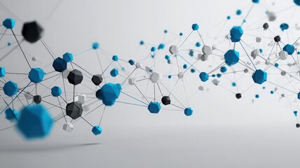 Interconnected Polyhedral Network with Blue, Gray, and Black Nodes