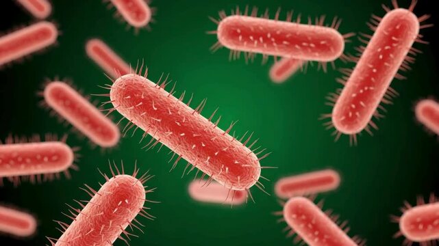 Close-Up Microscopic View of Red Rod-Shaped Bacteria Cells Moving on a Green Background
