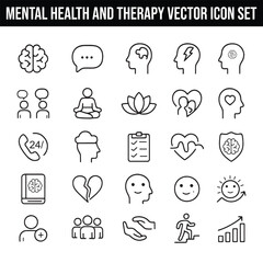 Mental Health and Therapy Vector Icon Set with Adjustable Line Weight Featuring Brain, Speech Bubble, Puzzle, Conversation, Meditation, Lotus, Support, Call, Empathy, 24/7, Cloud Thinking, and Checkle