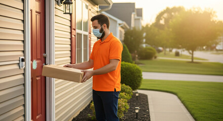 Delivery man in orange shirt and face mask delivering package to residential home. Contactless delivery service during pandemic. Safe parcel drop-off concept