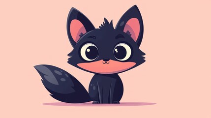 Cute cartoon black fox, sitting, pastel background, children's book illustration