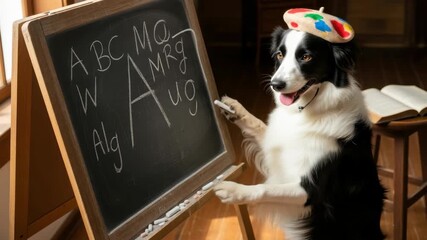 Border Collie Dog in Painter's Beret Writing on Chalkboard in Rustic Classroom - Powered by Adobe