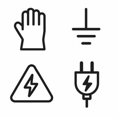 A minimalist vector illustration presents essential electrical safety icons: protective gloves, grounding symbol, high voltage warning, and an electrical plug, all in a clean, outline style.