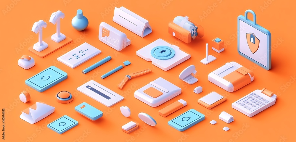 Fototapete high-resolution 3d vector icons for security and privacy on a solid orange background