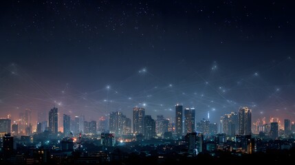 Fototapeta premium City skyline at night with network connections glowing above the skyscrapers.